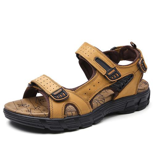 Summer sandals for men with thick soles, open-toe, genuine leather, men's beach shoes with soft soles, stylish, plus size, outdoor casual shoes
