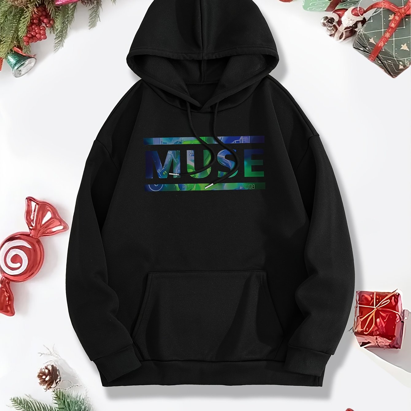 Moletom feminino folgado com capuz MUSE, estampa de letras em degradê de cores - Blusa casual artística com abertura frontal._voghion.com