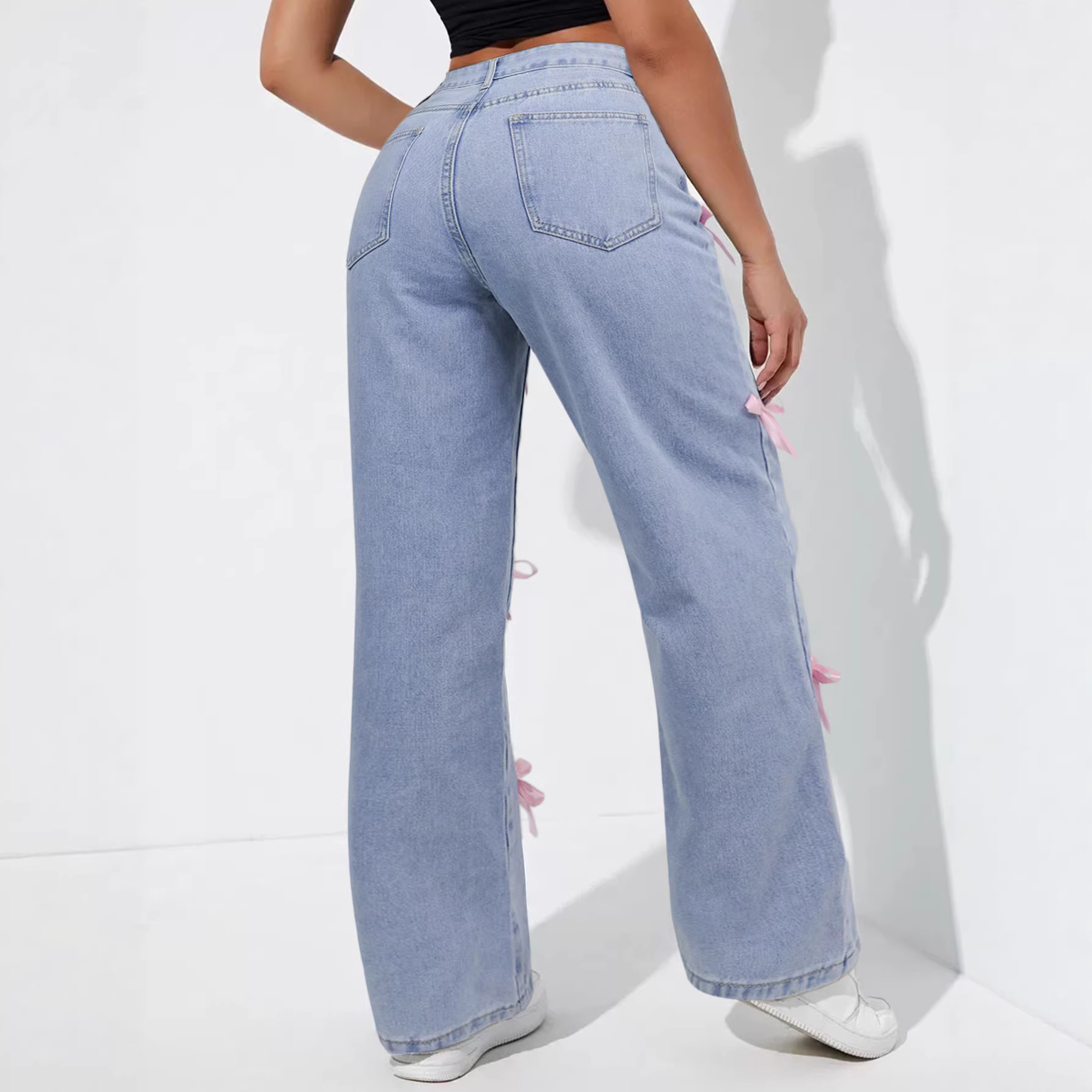 Women's Clothing High Waisted, Bow Tie Patchwork Wide Leg Jeans For Women, Y2K Style, Loose Fit._ecoleips.com