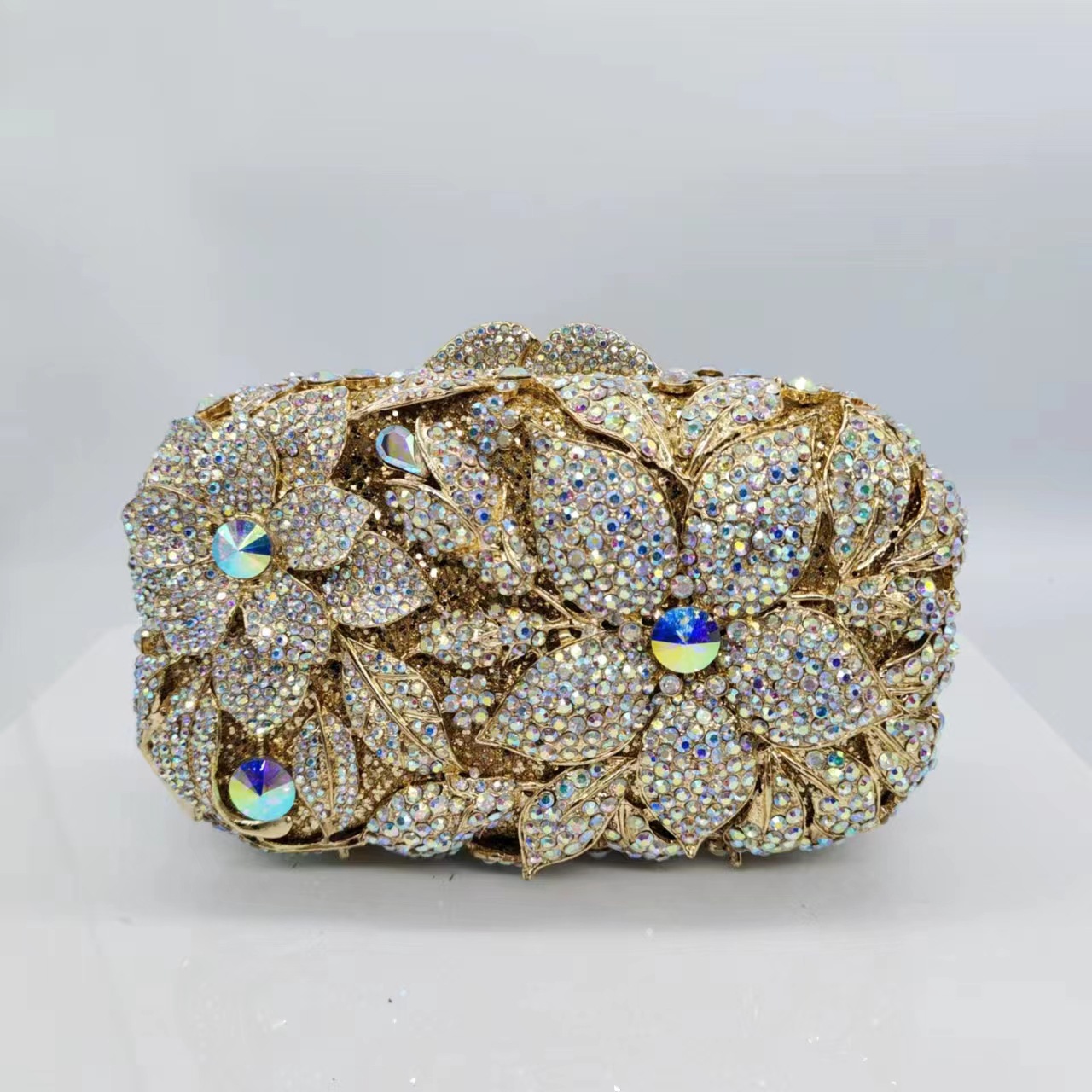 Túi clutch dạ hội đính kim cương giả kim loại rỗng cao cấp — Vàng kim AB, Màu vàng kim, Bạc AB, Cá tính đặt làm
