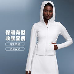 秋冬加绒连帽外套女短款修身保暖户外跑步运动健身服上衣D25121
