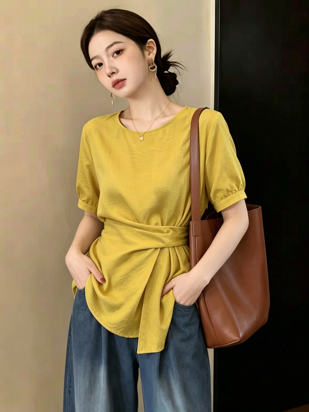 Áo thun nữ tay ngắn cổ tròn phom suông, thiết kế vai thẳng eo xếp li — xanh lam