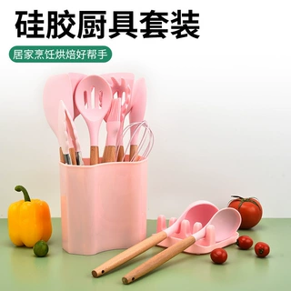 厂家批发硅胶锅铲铲勺烹饪厨具套装木柄不粘锅硅胶方桶厨具13件套