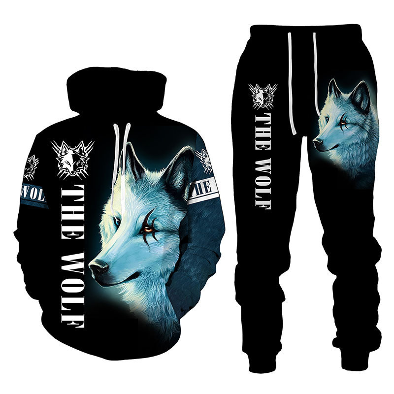 Animal Wolf Men's Casual Sports Suit Cross-Border Amazon European and American New Large Size Men's Clothing 3D Printed Lion