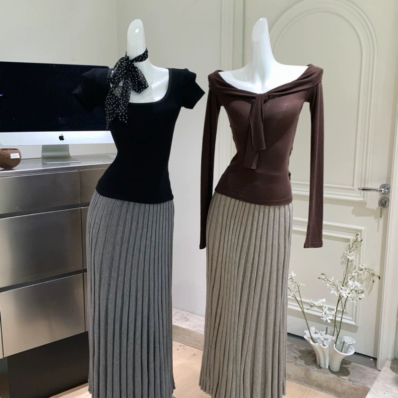 Корейская вязаная юбка-миди в грибовидном стиле для женщин, универсальная облегающая длинная юбка-рыбий хвост в рубчик.