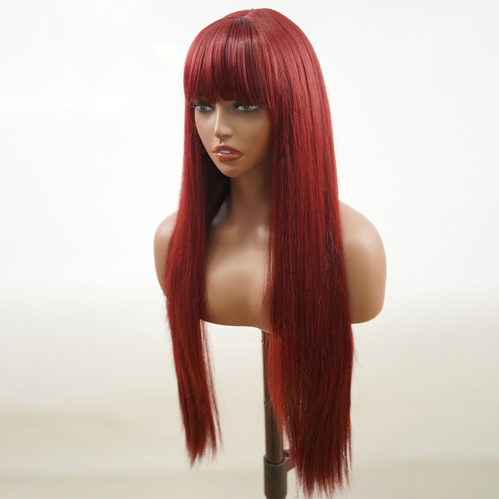 Parrucca in fibra chimica all'ingrosso della fabbrica copricapo filo ad alta temperatura 99J bordeaux frangia d'aria meccanismo di capelli lunghi lisci parrucche con riga centrale_voghion.com