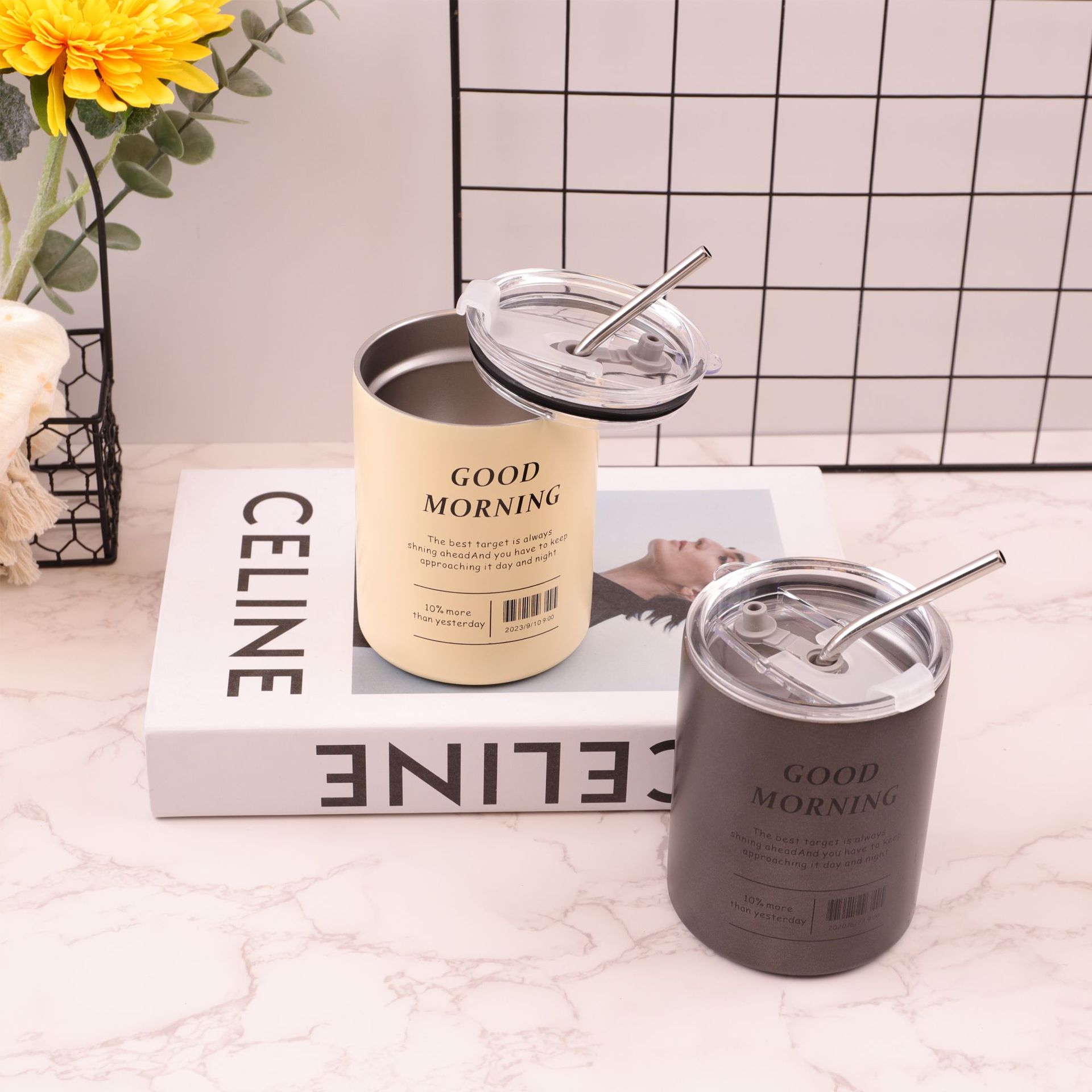 Hielo de vacío transfronterizo Taza de café americana Acero inoxidable Taza de paja con leche portátil de gran capacidad Taza de vacío portátil de coche