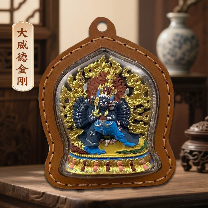 六臂绿度母五爷扎基拉姆黄财神皮壳嘎乌盒立体手绘擦擦唐卡吊坠|undefined