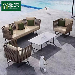 Outdoor Sofa Courtyard Waterproof Balcony Rattan Chair Coffee Table Combination Three-person Rattan Sofa Chair Terrace Leisure Rattan Sofa