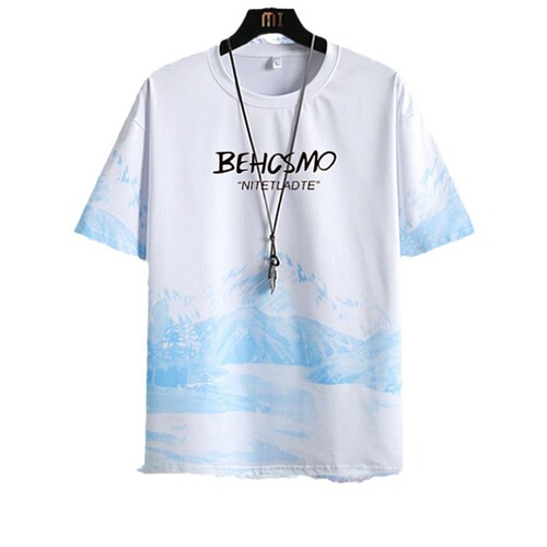 Summer ice silk thin style gradient snow mountain short-sleeved men's T-shirt half-sleeve plus fat and extra fat man base shirt 2024 new style