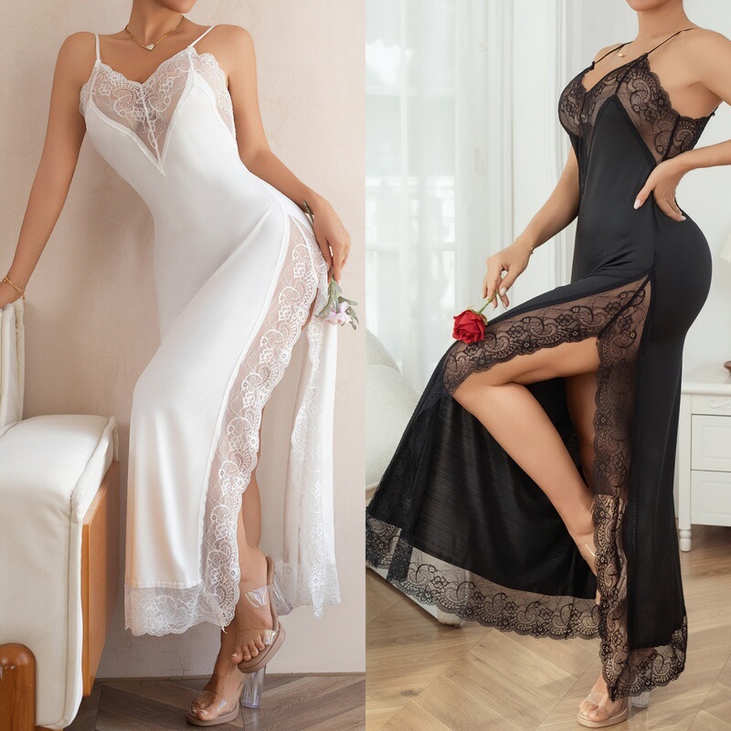 Lace Camisole Long Nightgown Sleepwear for Home, Sexy French-Style Wedding Bride, Comfortable and Skin-Friendly, High Slit, Plus Size, Cross-Border Lace Camisole Long Nightgown Sleepwear for Home, Sexy French-Style Wedding Bride, Comfortable and Skin-Friendly, High Slit, Plus Size, Cross-Border