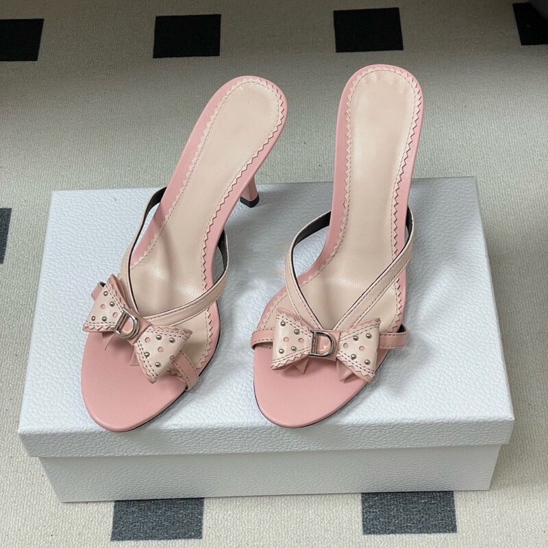 2026 New Summer Pink Sandals for Women, Stiletto Heels, French Style, Stunning and Sexy, Round-Toe High Heels, Bow-Knot Sandals
