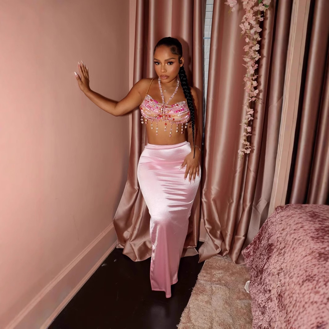 M80211 European and American Cross-Border Foreign Trade Women's Clothing Solid Color Personalized Glossy Drape Satin Slit Slim Fit Hip-Hugging Skirt