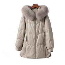 绵羊皮衣女真皮外套常规连帽狐狸毛领90白鸭绒海宁2024新款皮羽绒