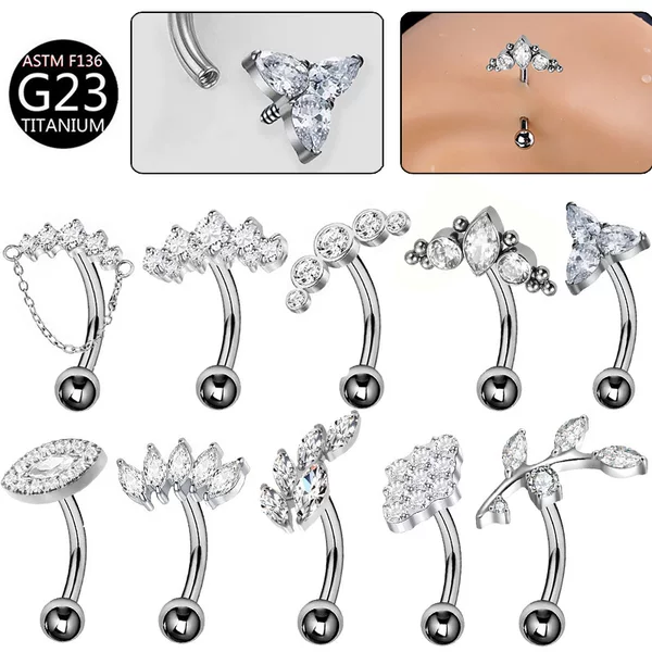 Cross-Border New G23 Internal Thread Eyebrow Nail Ear Bone Nail Inlaid with Zircon Leaf Devil's Eye F136 Titanium Alloy Eyebrow Nail