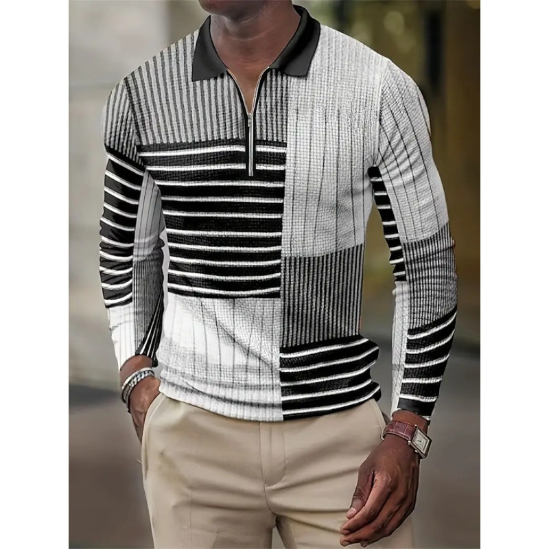 Abstracto geométrico contraste raya 3D estampado hombre calle suelta solapa primavera y otoño cremallera de manga larga camisa POLO