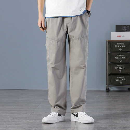 Men's Spring and Summer Pure Cotton Pants Streetwear Fashion Versatile Loose Fat and Large Straight Work Pants with Multiple Pockets
