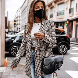 外贸欧美女装2025秋冬季新款复古双排扣格纹印花小西装女中长外套