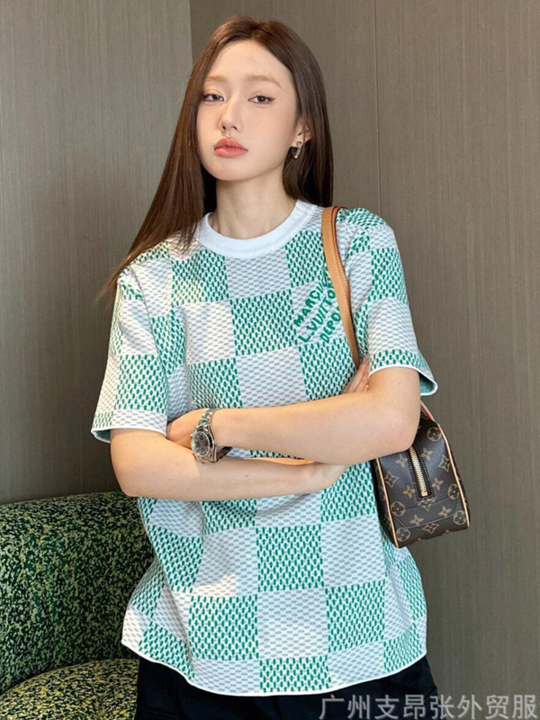 正しいバージョン Lujia 半袖 25 新しい 1v チェッカーボード ジャカード コットン ニット T シャツ、男性と女性用、多用途でルーズ|undefined