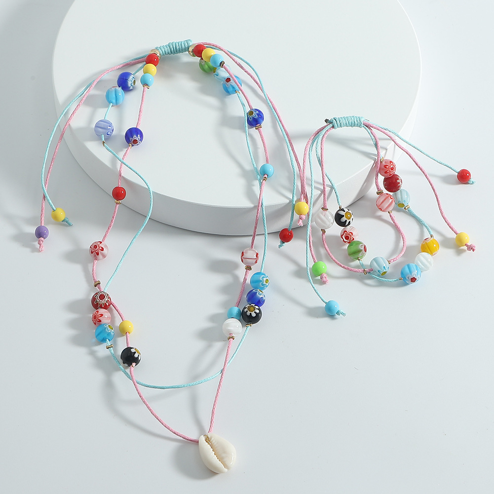 Cross-border Popular Korean Fashion Handmade Colorful Thread Woven Bracelet And Necklace Set Multi-layer Glass Bead Clavicle Chain Wholesale display picture 7