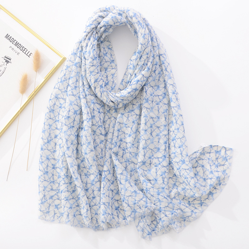 Comercio exterior japonés y coreano dulce fresco suave bufanda larga chal patrón geométrico impreso algodón y lino sensación bufanda