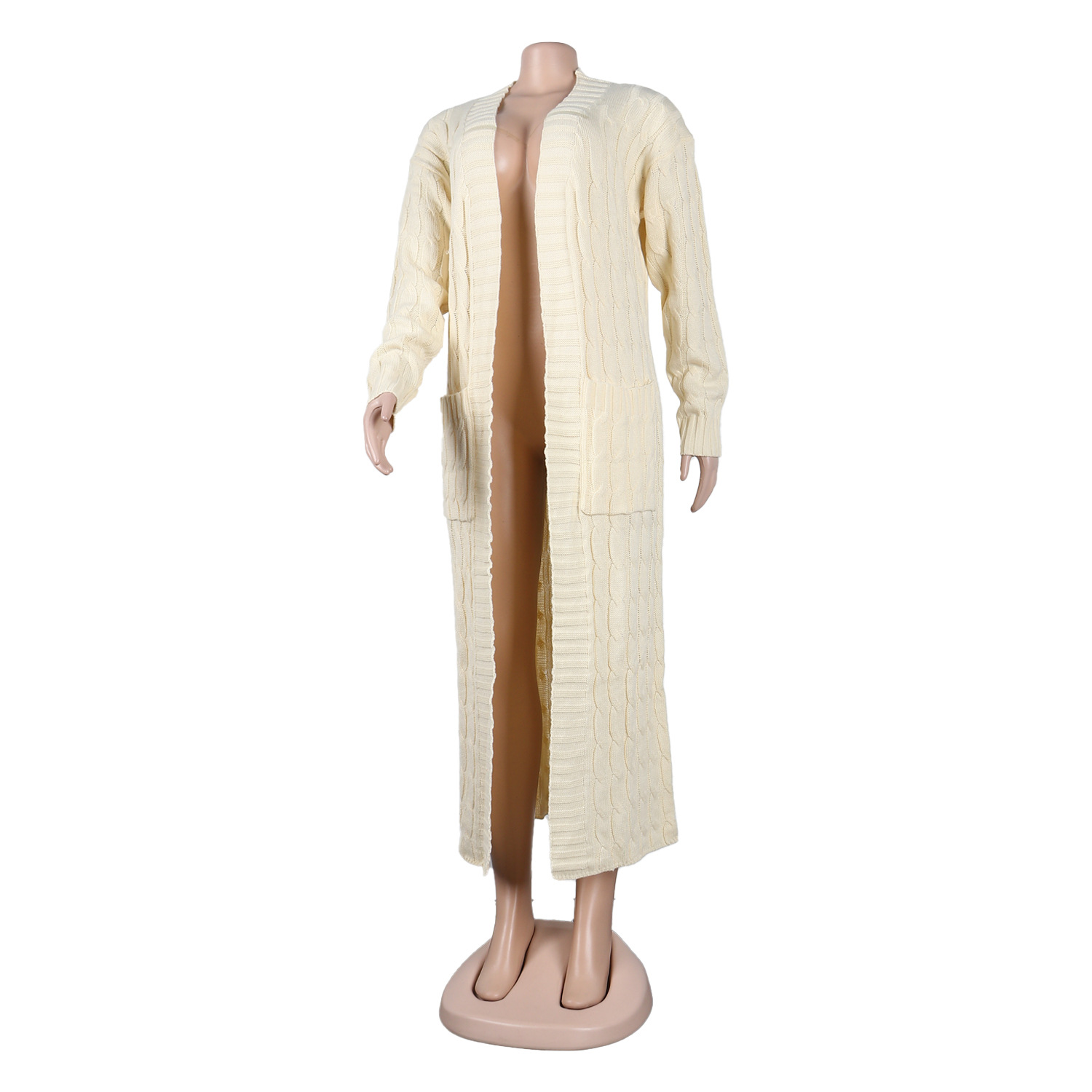 Damen Strickjacke Lang Aus Grobstrick In Unifarben Wintermantel_voghion.com