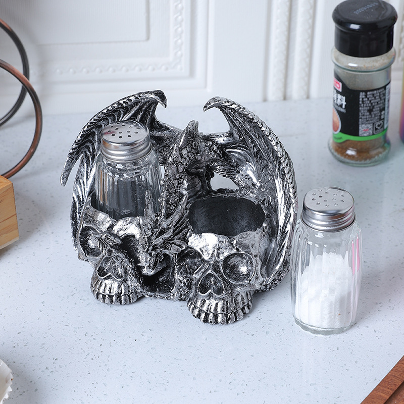 Halloween Skull Dragon Seasoning Bottle Ornaments Skull Head Pepper Salt Pot Resin Crafts Horror Seasoning Pot Decorations