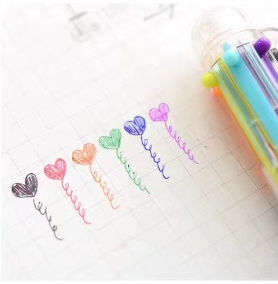 Creative transparent 6-color ballpoint pen, cute cartoon multi-color pen, multi-function press color oil-based pen wholesale