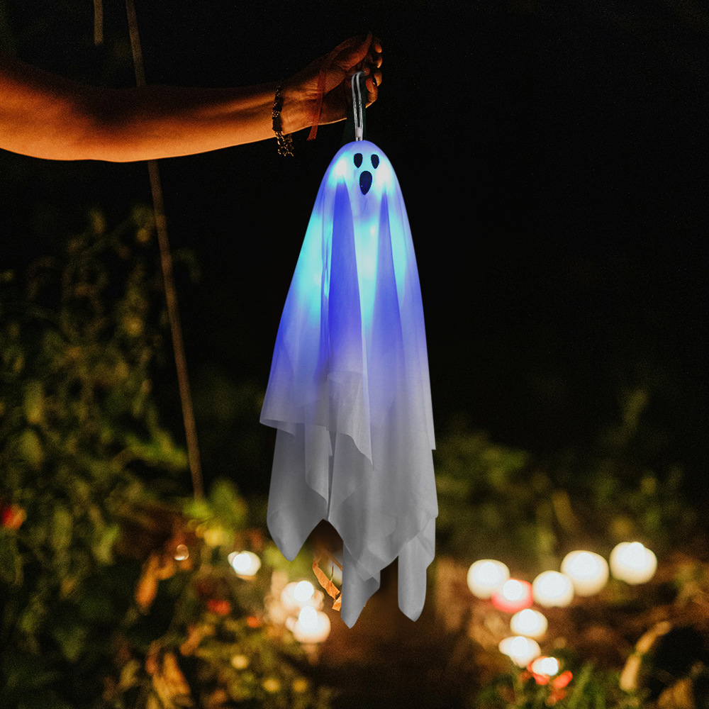 Decoración de jardín de terror de Halloween, toque, sonido luminoso, colgante de fantasma eléctrico, accesorios de diseño de fantasma colgante pequeño blanco