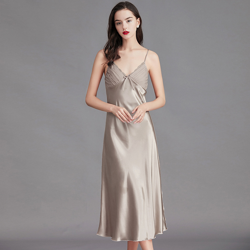 Camisón de seda Wenhua para mujer, camisón sexy de verano de alta gama, estilo europeo y americano, vestido largo con lazo CQ311.