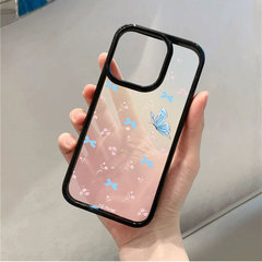 渐变蓝蝴蝶适用苹果15 16promax手机壳11防摔14pro硬壳17黑框 17p