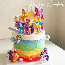 卡通彩虹独角兽粉彩色小马生日蛋糕装饰摆件亚克力马戏团烘焙插牌