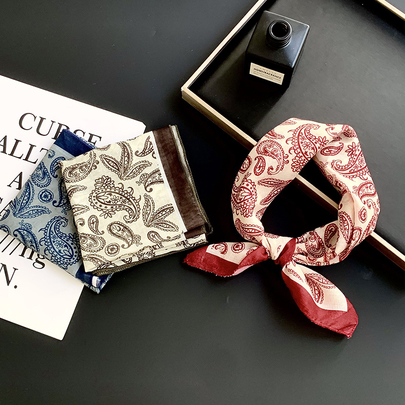 Pañuelo de seda de alta calidad, cuello de flor de anacardo negro, bufanda cuadrada pequeña, protección para el cuello, bufanda pequeña, correa para el cabello, cinta para el cabello, toalla de cintura decorativa