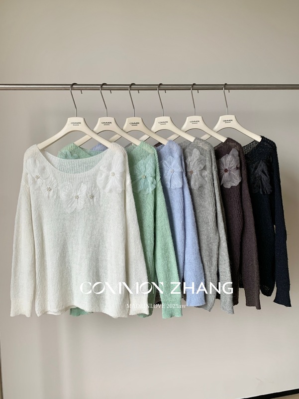 CZ ZHANG秋季多色韩版少女纱网花边钉珠纯色百搭圆领羊毛衣B35063|undefined