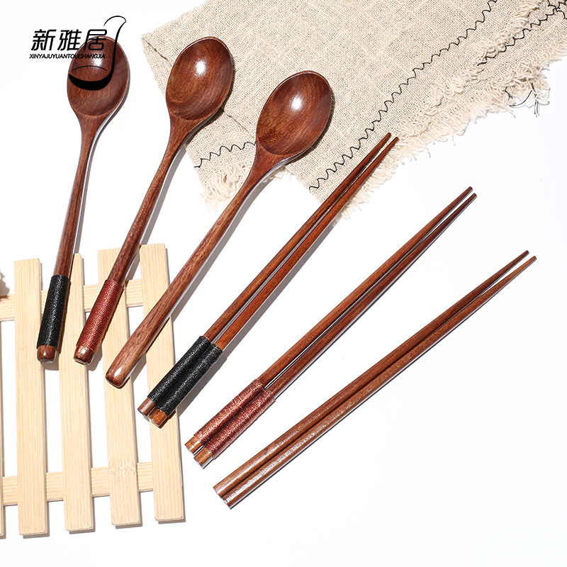 楠木长柄日式勺子筷子两件套便携午餐白领木质餐具圆口勺子批发