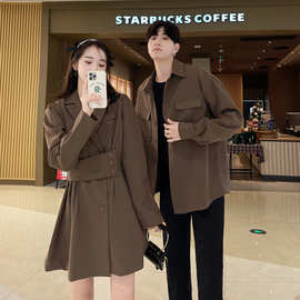 情侣装2022春季新款韩版设计感西装领女连衣裙男衬衣一裙一衣潮流