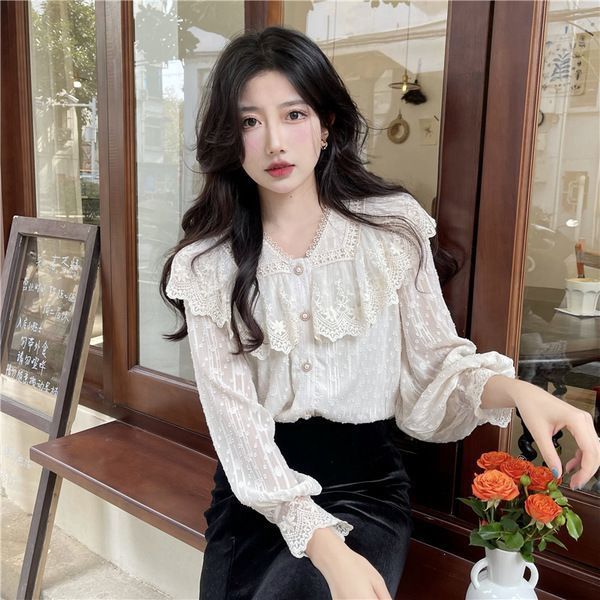 洋气蕾丝衬衫长袖春秋2025新款甜美气质外穿开衫女装复古衬衫衬衣|undefined