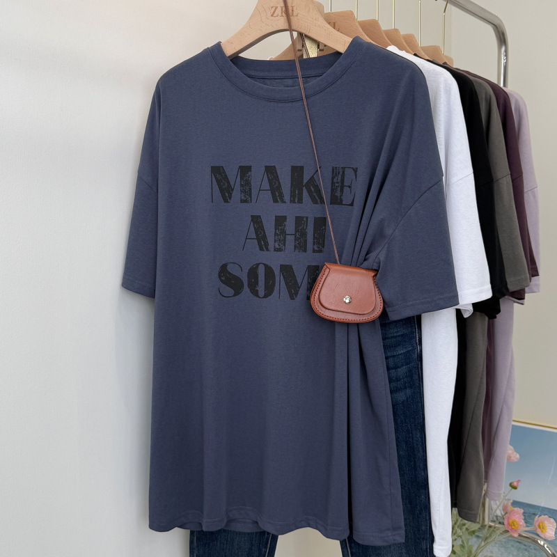 シャークパンツとミドル丈Tシャツを合わせてお尻をカバーする大きいバージョン半袖2025夏スノーフレークコットン通気性のある女性用ボトリングシャツ|undefined