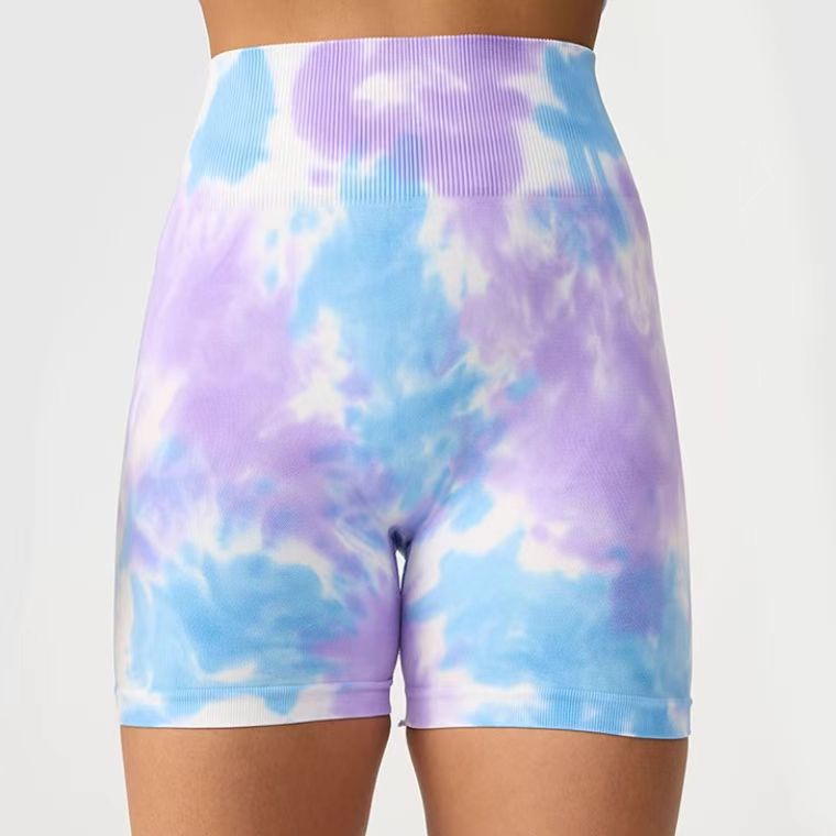Pantalones de entrenamiento tiñidos por goteos europeos y estadounidenses, pantalones de gimnasio de cintura alta sin costuras, pantalones cortos apretados para correr