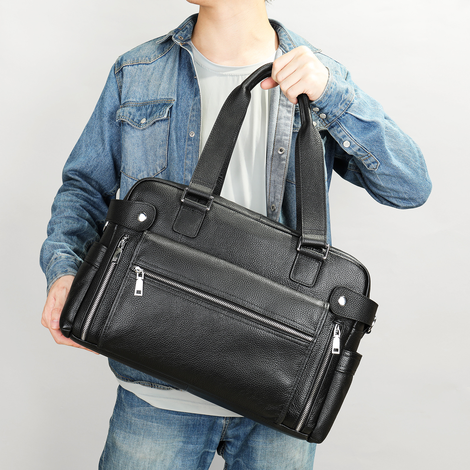Grote laptoptas/aktetas voor heren, gemaakt van echt leer, ideaal voor reizen, zakenreizen, werk en woon-werkverkeer._voghion.com