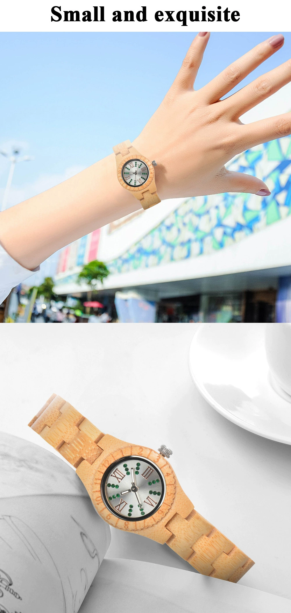 Crystal Polish Dial Women Slim Watch Wood Clock Casual Adjustable Quartz Fashion Wooden Bracelet Watch Women's Wrist Reloj Mujer