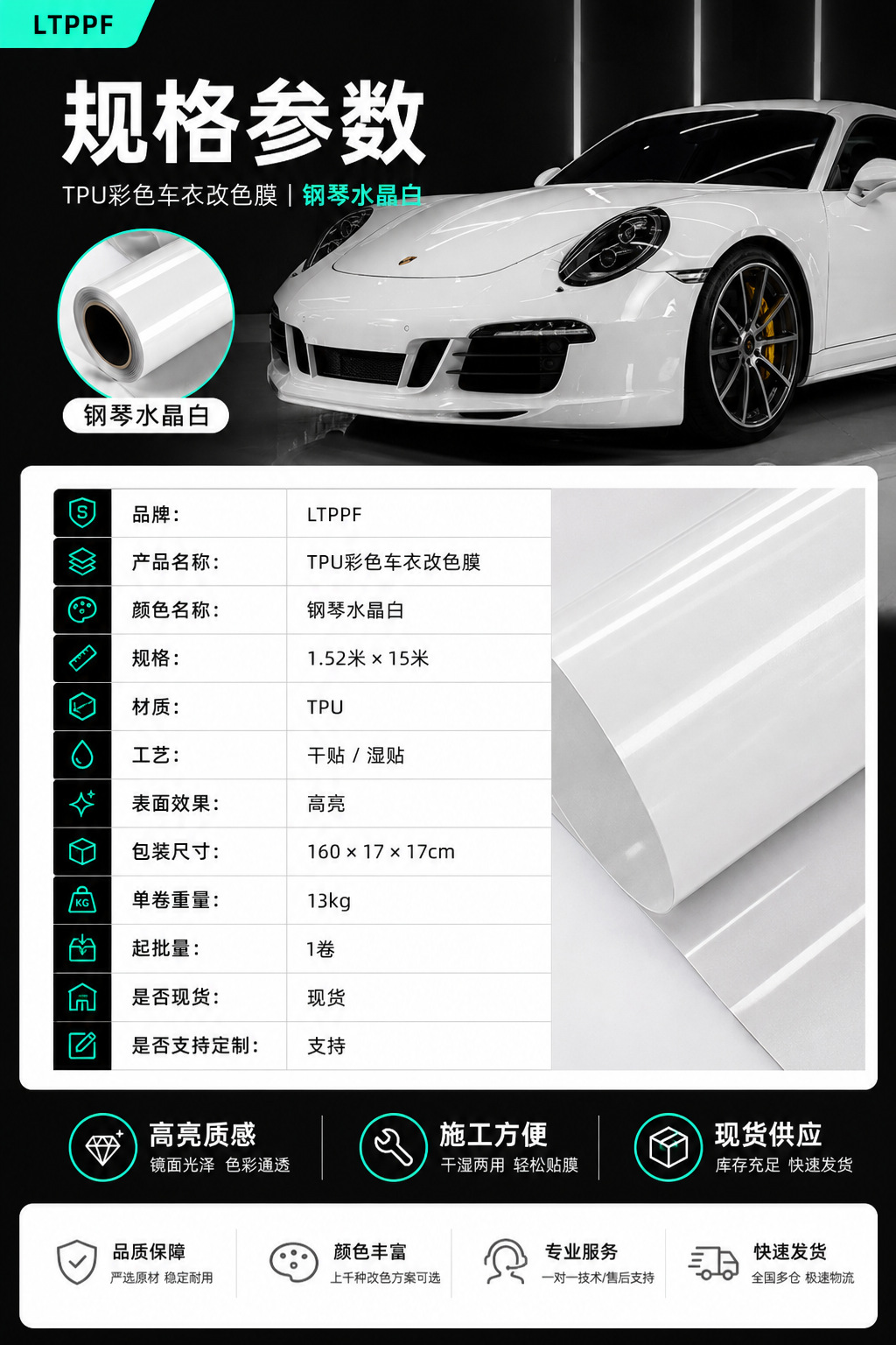 Tpu Colored Car Wrap Film Piano Crystal White High-Gloss Car Body Film 1 in Stock Source Manufacturer Wholesale Ppf
