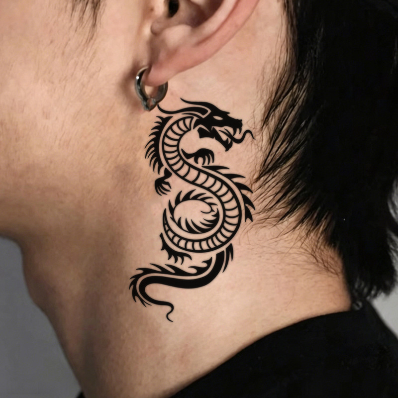 Tribal Style Black and White Oriental Dragon Tattoo Sticker Simple Curve Dragon Waterproof Long-Lasting Temporary Tattoo Sticker