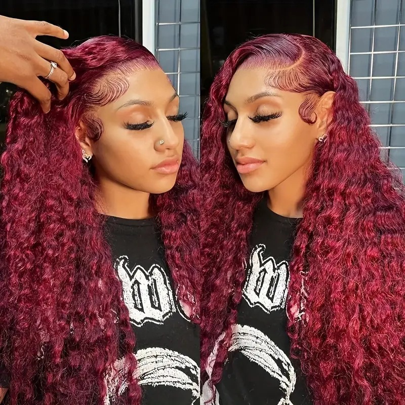 Synthetic Lace Front Wig Wine Red Natural Small Curls Fluffy_voghion.com