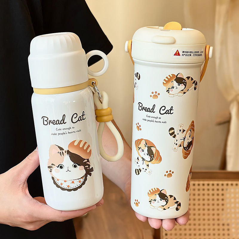 Pan serie de gatos de mano taza de aislamiento térmico de alta calidad de mujer taza de agua de paja de taza de café de acero inoxidable 316