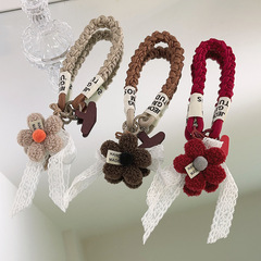 時尚百搭紅花白絲帶掛墜手機掛繩加粗麻花繩腕帶式包包裝飾通用女