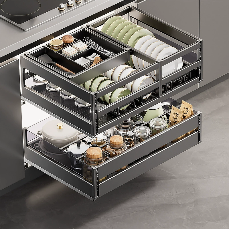 Kitchen multi-layer household multi-function cabinets, double-layer aluminum alloy bowls, dish, pots and utensils storage basket, drawer-type special pull basket