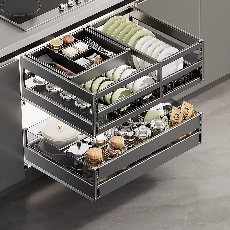 Kitchen multi-layer household multi-function cabinets, double-layer aluminum alloy bowls, dish, pots and utensils storage basket, drawer-type special pull basket