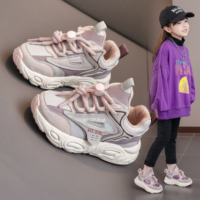 Детские кроссовки для девочек 2025: Новинка осени-зимы, нескользящие спортивные туфли в корейском стиле, на флисовой подкладке, повседневные, оптом