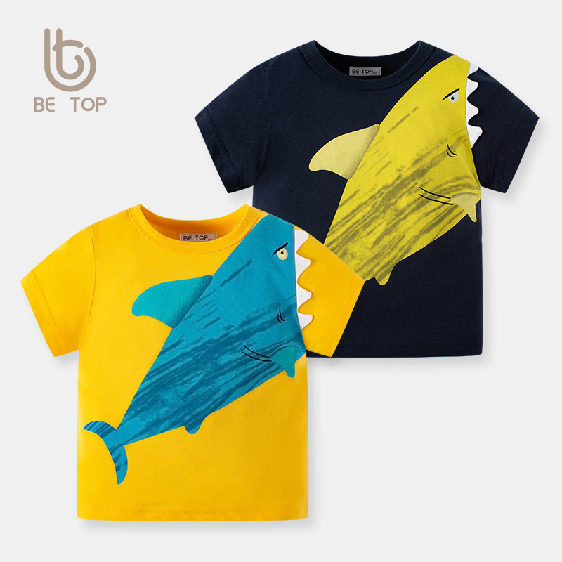 Verano de los niños de manga corta de dibujos animados tiburón impresión camiseta de los niños suéter de algodón camisa de bebé de moda de una sola pieza de entrega